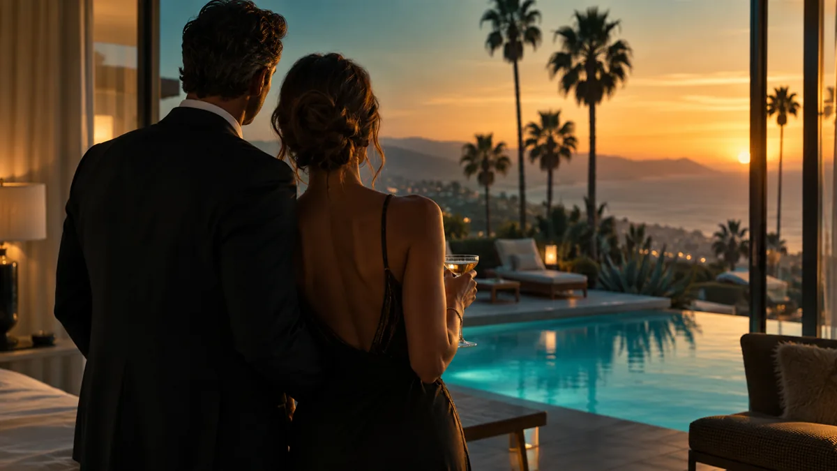 A well-dressed adult couple arriving for or relaxing before a lifestyle evening, set in a coastal bluff or Palm Springs mid-century pool at sunset