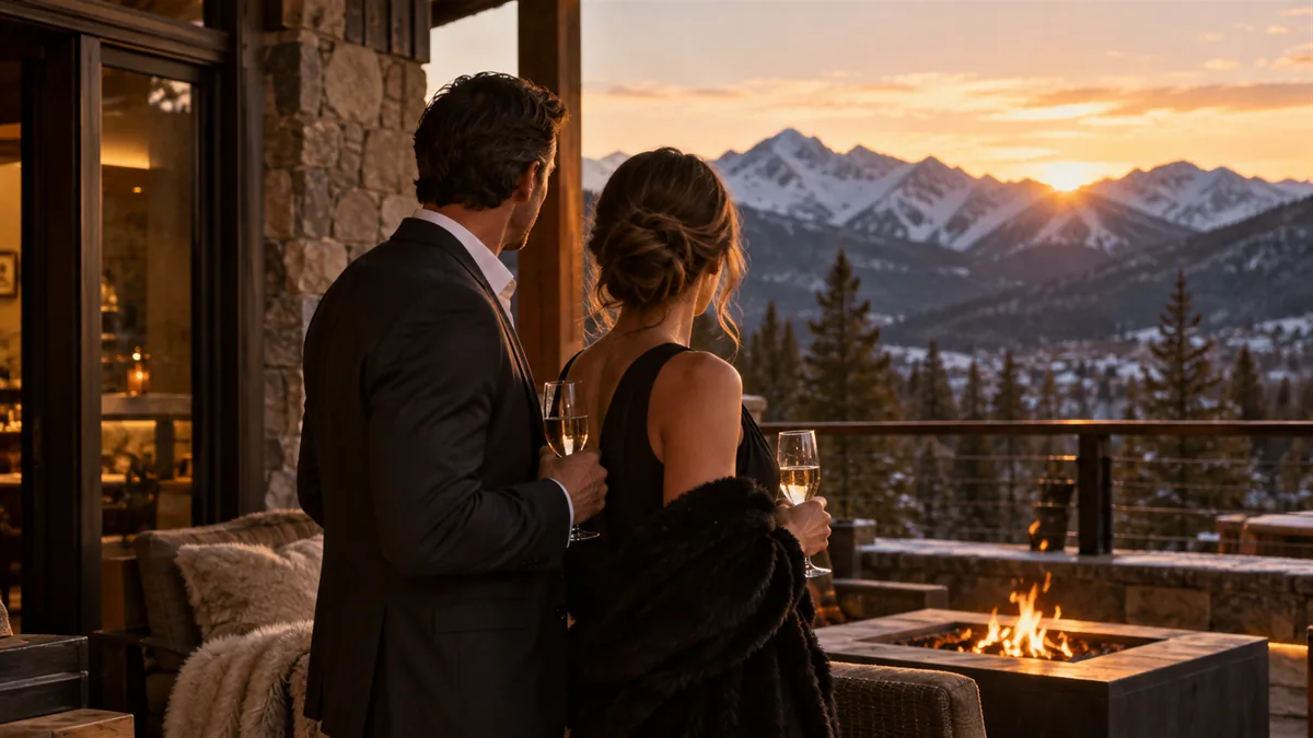 A well-dressed adult couple arriving for or relaxing before a lifestyle evening, set in a mountain lodge with pine and snow-capped peaks in the window
