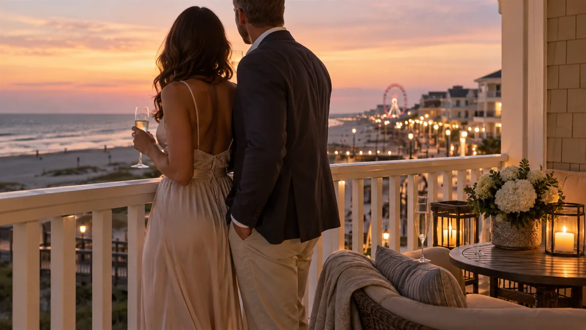 A well-dressed adult couple arriving for or relaxing before a lifestyle evening, set in a beach town boardwalk hotel balcony at dusk
