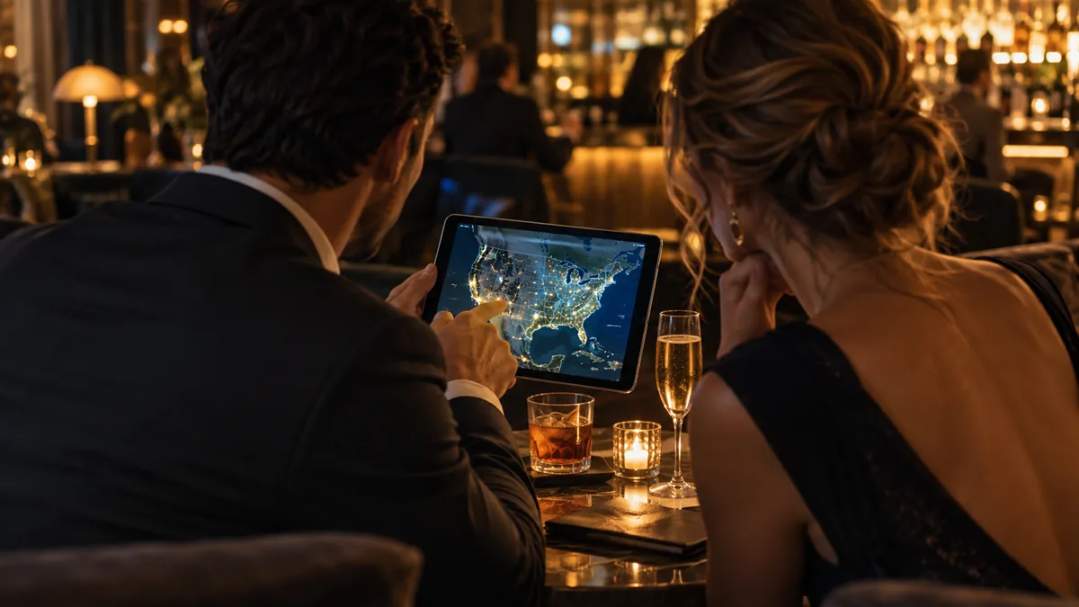 An adult couple studying a glowing map of the United States on a tablet in a low-lit lounge, planning a lifestyle trip