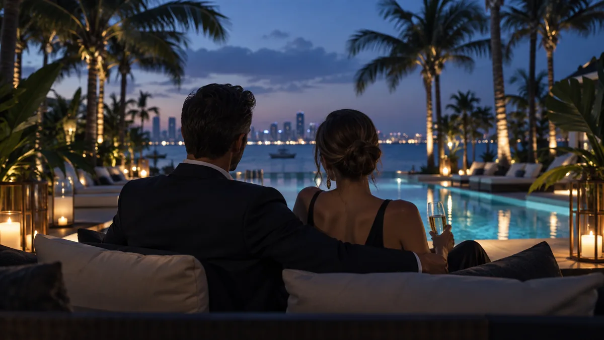 A well-dressed adult couple arriving for or relaxing before a lifestyle evening, set in palms, a lit pool and a humid tropical night