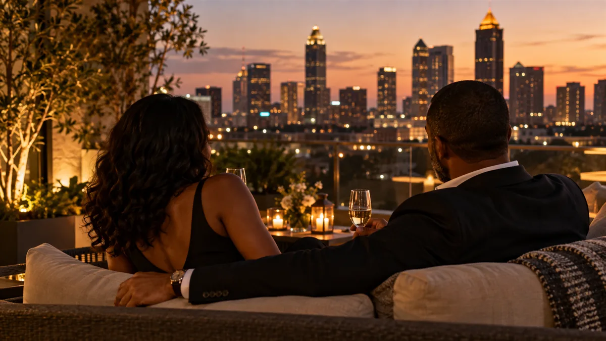 A well-dressed adult couple arriving for or relaxing before a lifestyle evening, set in an Atlanta skyline rooftop or Savannah oak-lined evening