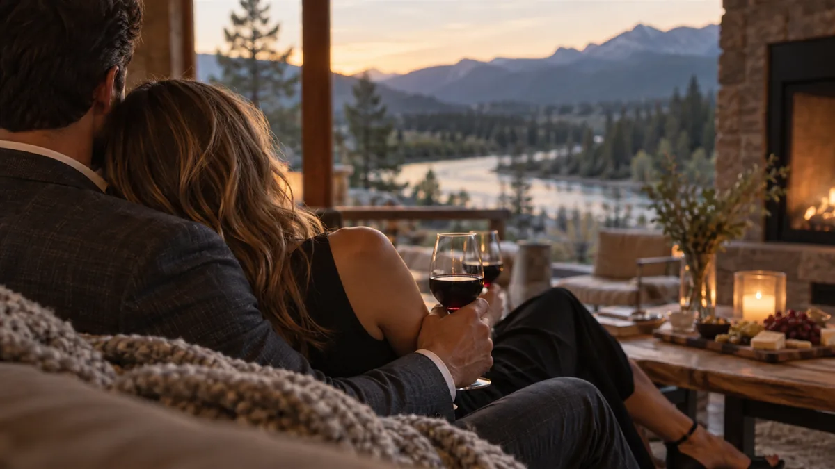 A well-dressed adult couple arriving for or relaxing before a lifestyle evening, set in a river valley lodge with pines and evening light