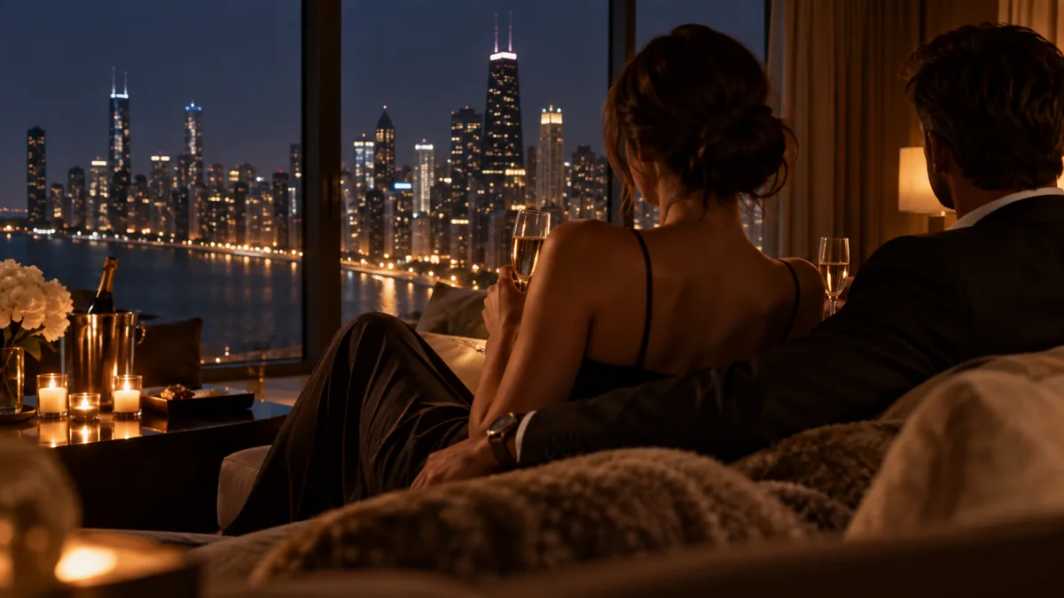 A well-dressed adult couple arriving for or relaxing before a lifestyle evening, set in a Chicago high-rise lounge with the skyline at night