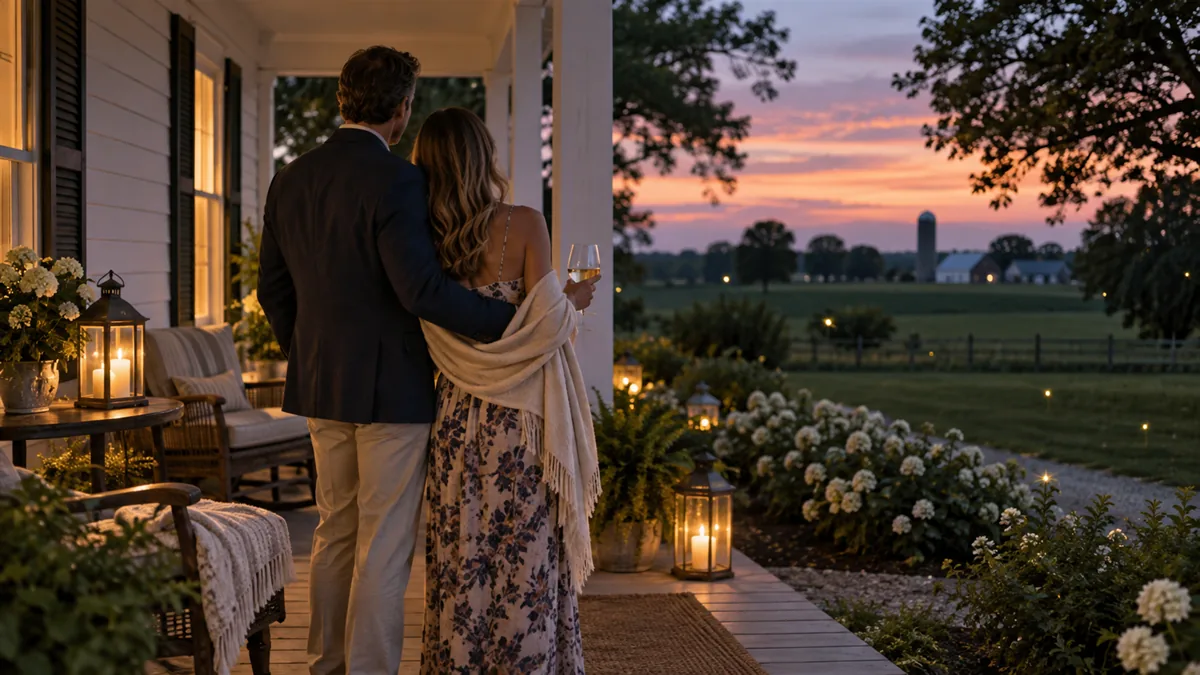 A well-dressed adult couple arriving for or relaxing before a lifestyle evening, set in a Midwestern farmhouse porch at dusk with fireflies