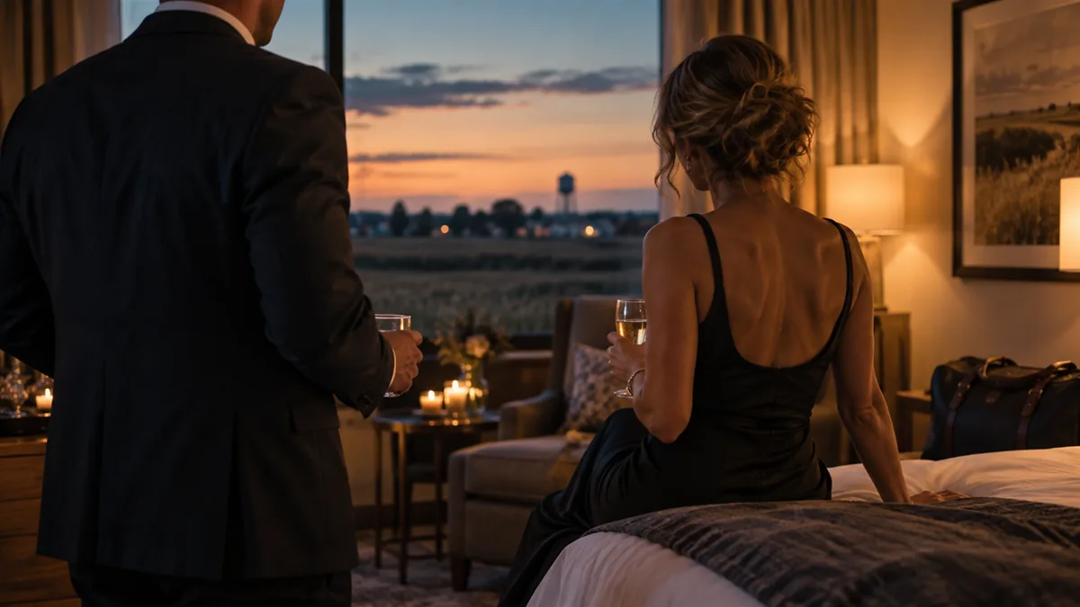 A well-dressed adult couple arriving for or relaxing before a lifestyle evening, set in a quiet prairie town evening, warm porch and fields beyond