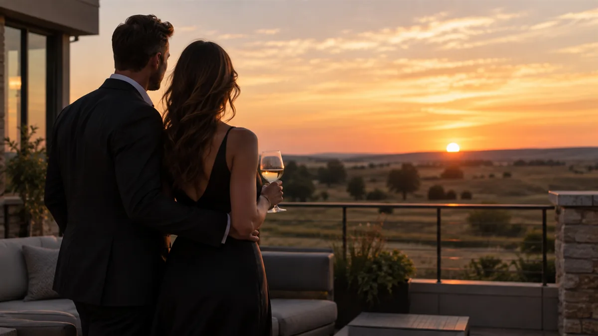 A well-dressed adult couple arriving for or relaxing before a lifestyle evening, set in a wide plains sunset behind a modern suburban patio