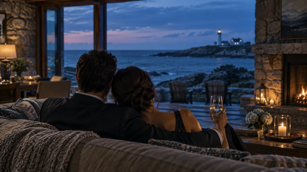 A well-dressed adult couple arriving for or relaxing before a lifestyle evening, set in a rocky coastal cottage at blue hour with a lighthouse far off