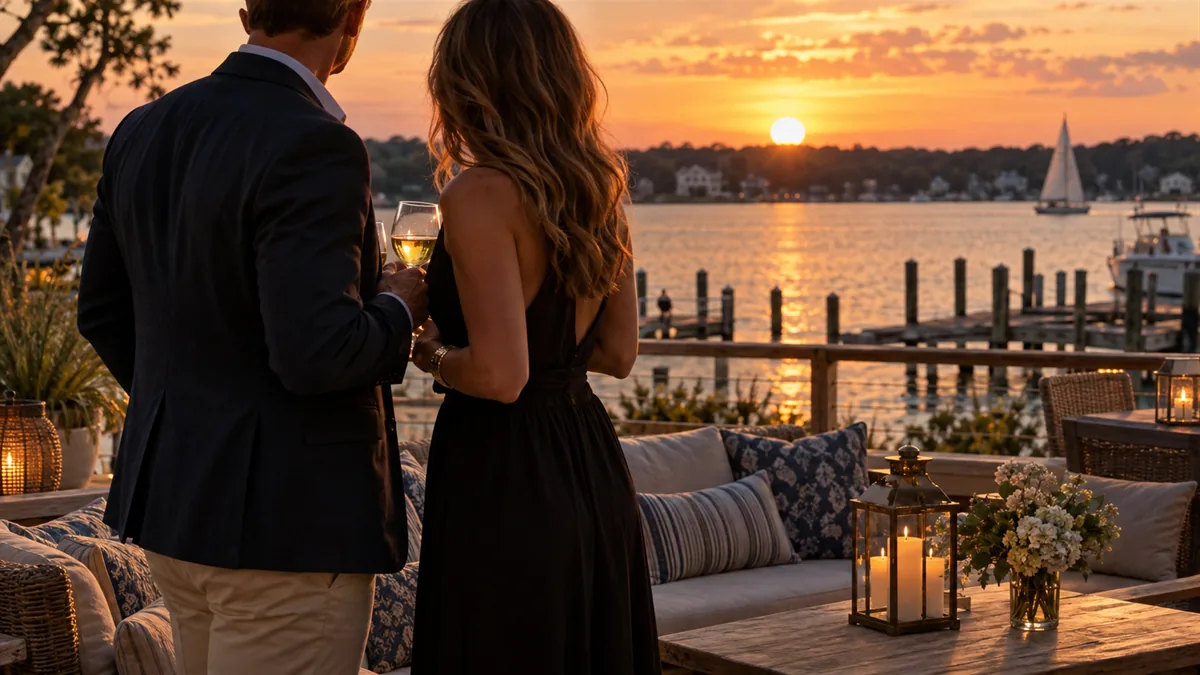 A well-dressed adult couple arriving for or relaxing before a lifestyle evening, set in a Chesapeake waterfront deck at sunset