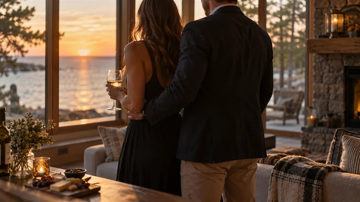 A well-dressed adult couple arriving for or relaxing before a lifestyle evening, set in a Great Lakes shoreline cabin at golden hour