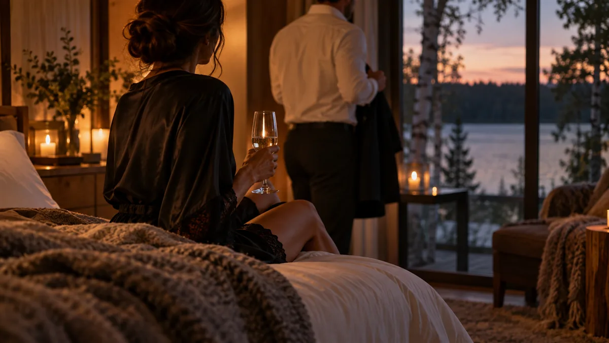 A well-dressed adult couple arriving for or relaxing before a lifestyle evening, set in a lakeside cabin with birch trees and a summer evening