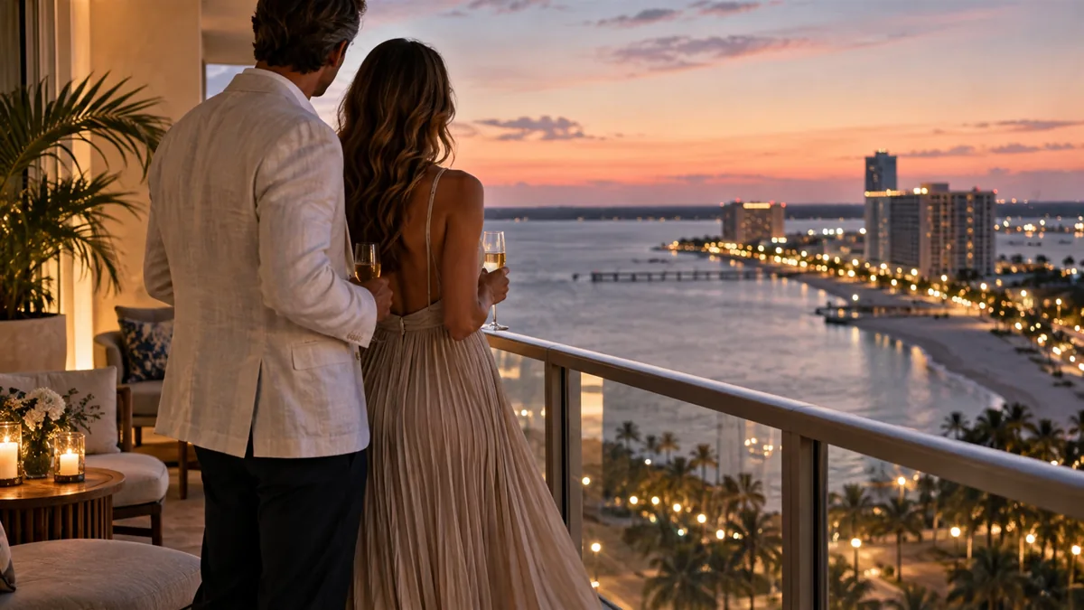A well-dressed adult couple arriving for or relaxing before a lifestyle evening, set in a Gulf Coast hotel balcony with warm night air