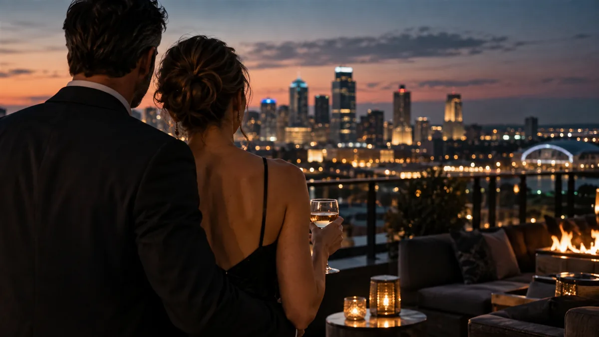 A well-dressed adult couple arriving for or relaxing before a lifestyle evening, set in a Kansas City rooftop or an Ozark lake dock at dusk