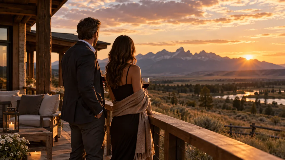 A well-dressed adult couple arriving for or relaxing before a lifestyle evening, set in a big-sky ranch house porch with mountains at sunset