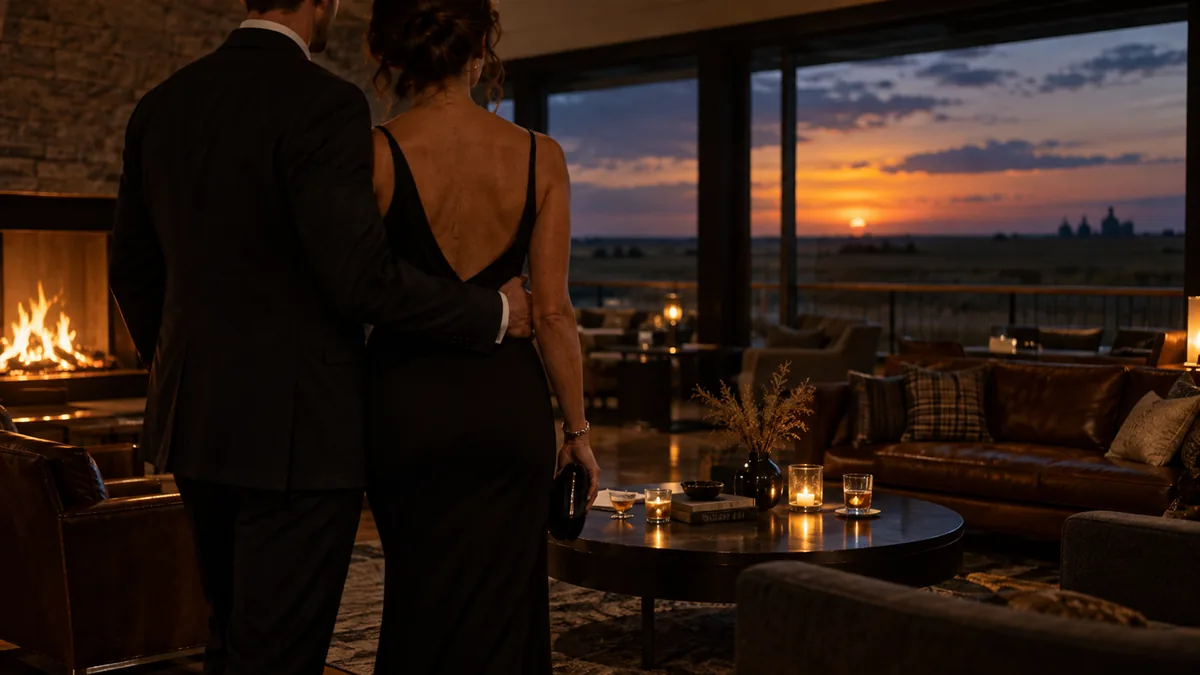 A well-dressed adult couple arriving for or relaxing before a lifestyle evening, set in a prairie evening with a warm modern living room