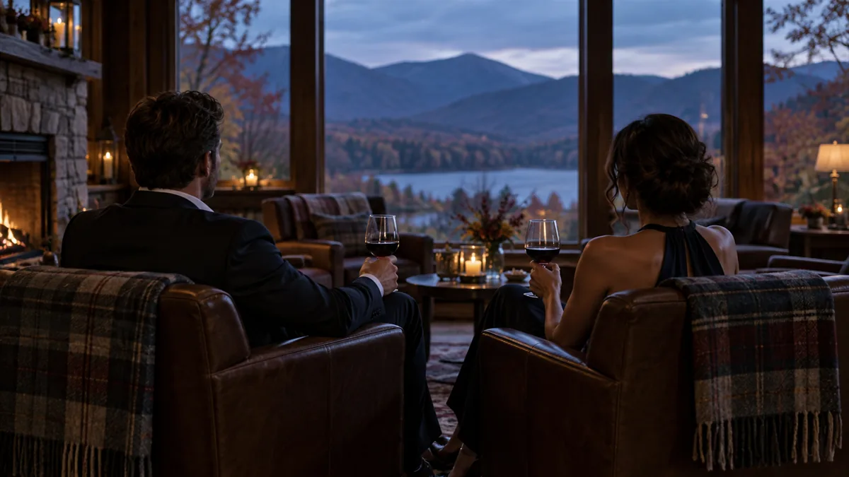 A well-dressed adult couple arriving for or relaxing before a lifestyle evening, set in a White Mountains inn with autumn colour