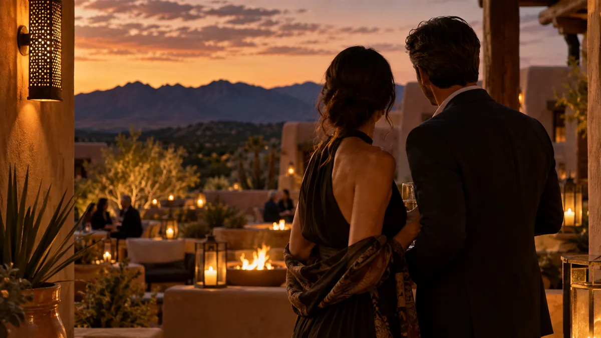 A well-dressed adult couple arriving for or relaxing before a lifestyle evening, set in an adobe courtyard at dusk with desert mountains
