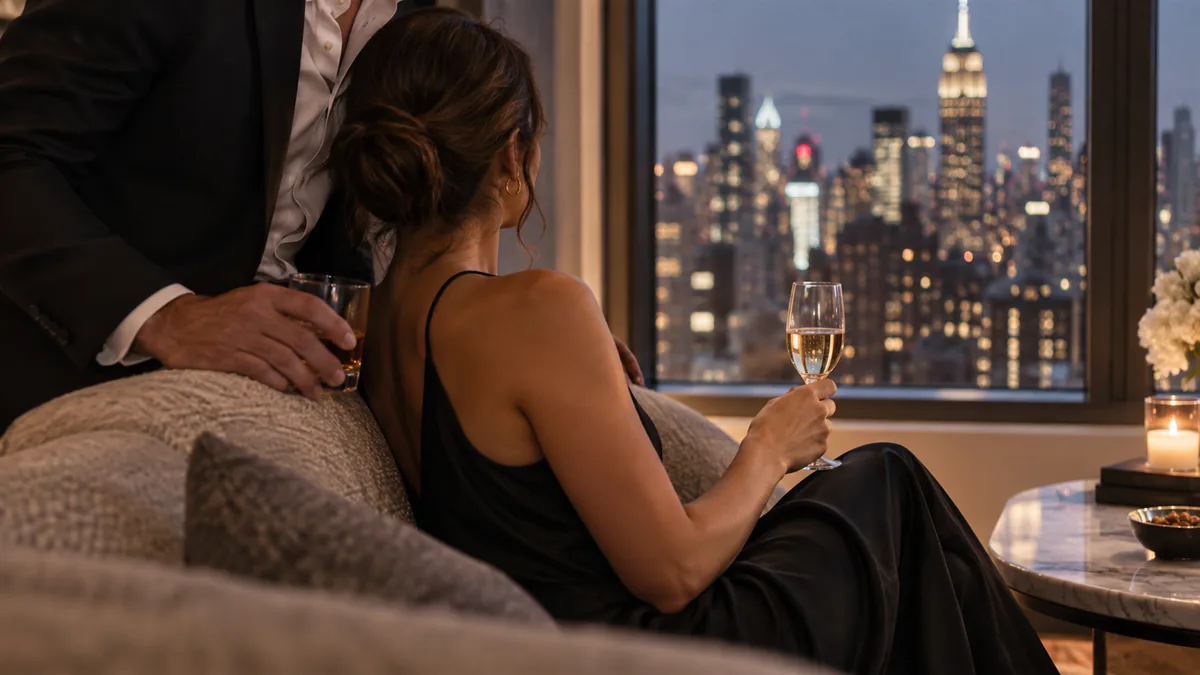 A well-dressed adult couple arriving for or relaxing before a lifestyle evening, set in a Manhattan apartment window with city lights