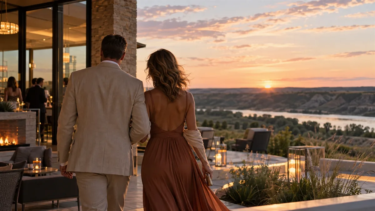 A well-dressed adult couple arriving for or relaxing before a lifestyle evening, set in a northern plains evening with a wide sky and warm interior