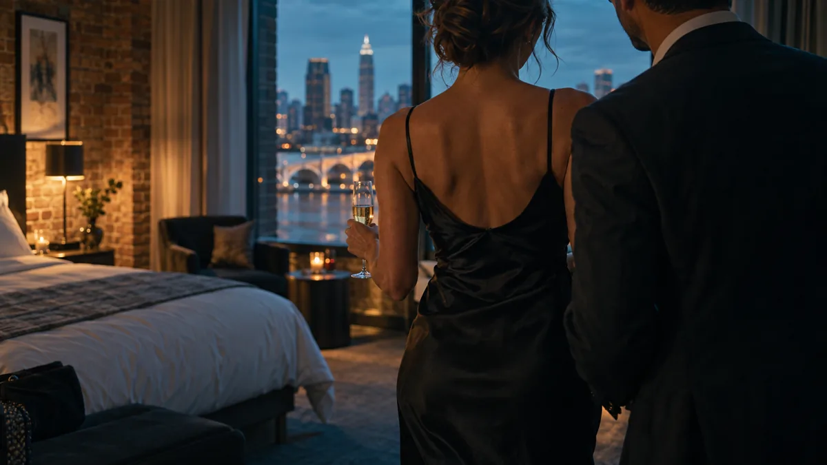 A well-dressed adult couple arriving for or relaxing before a lifestyle evening, set in a Great Lakes city loft with warm brick