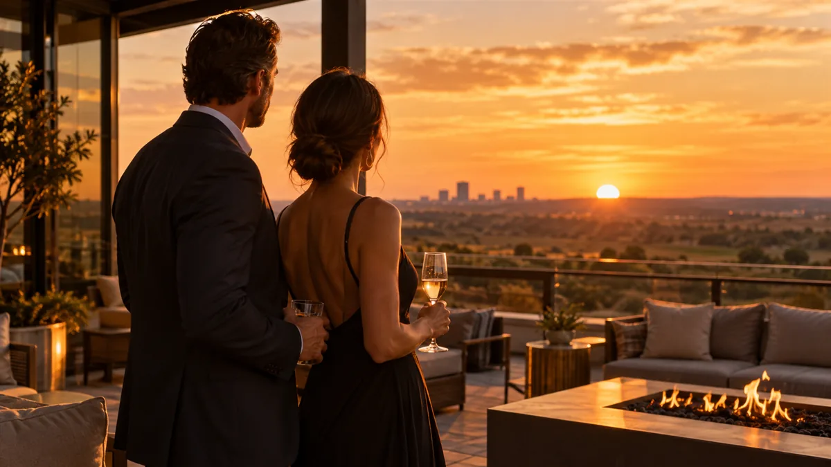 A well-dressed adult couple arriving for or relaxing before a lifestyle evening, set in a red-earth plains sunset behind a modern patio