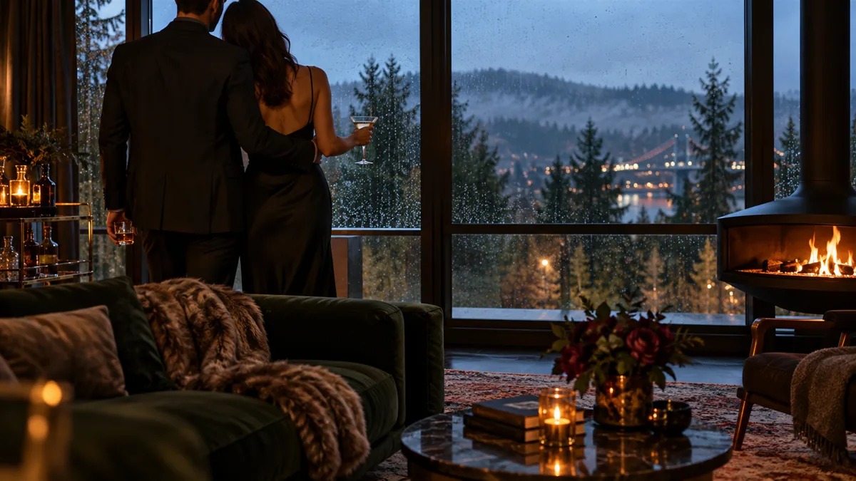A well-dressed adult couple arriving for or relaxing before a lifestyle evening, set in a Portland loft with rain on the window and forest beyond