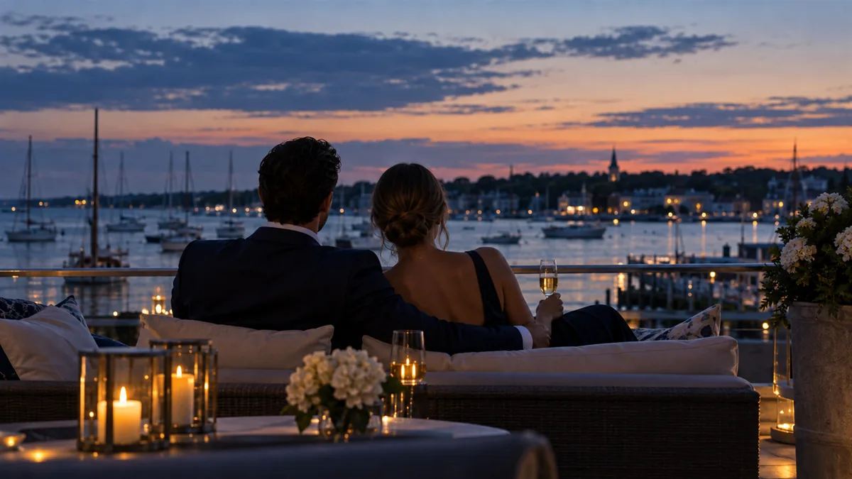 A well-dressed adult couple arriving for or relaxing before a lifestyle evening, set in a Newport harbour balcony at sunset