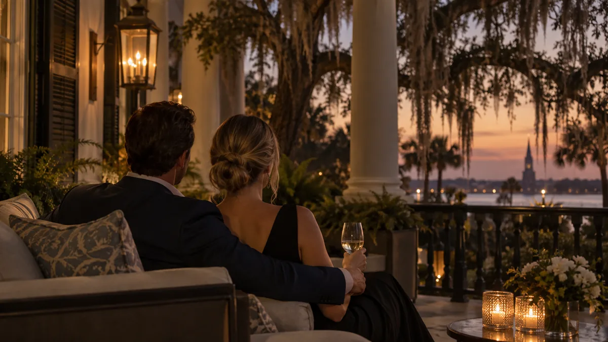 A well-dressed adult couple arriving for or relaxing before a lifestyle evening, set in a Charleston piazza with Spanish moss at dusk