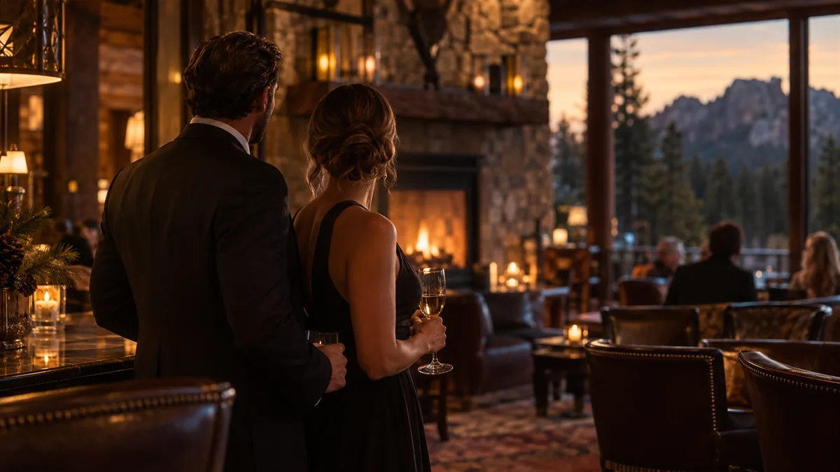 A well-dressed adult couple arriving for or relaxing before a lifestyle evening, set in a Black Hills lodge with pine and evening light