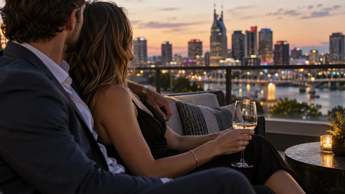 A well-dressed adult couple arriving for or relaxing before a lifestyle evening, set in a Nashville rooftop with neon glow far off