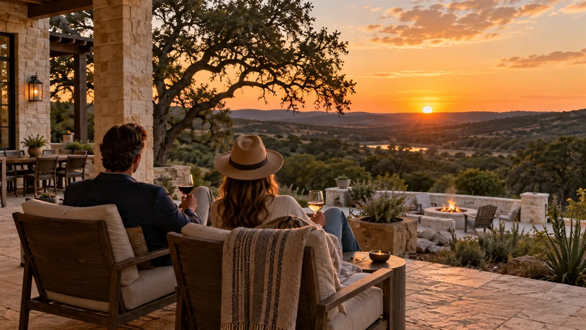 A well-dressed adult couple arriving for or relaxing before a lifestyle evening, set in a Hill Country ranch patio or a Dallas high-rise at sunset