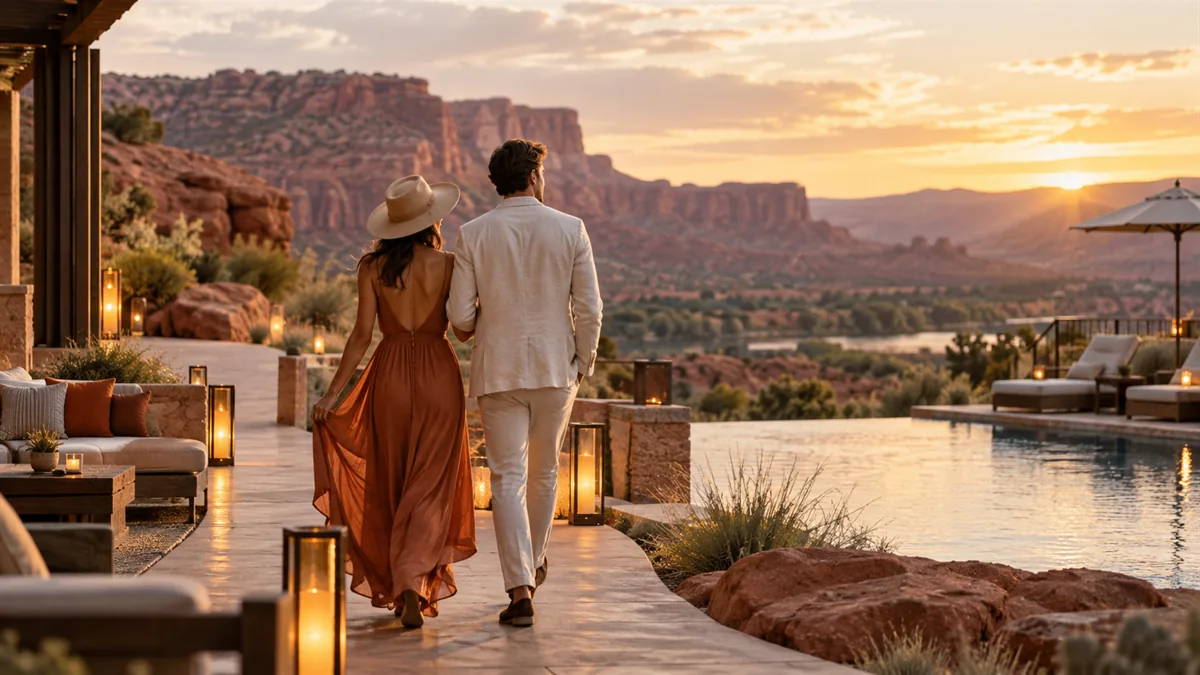 A well-dressed adult couple arriving for or relaxing before a lifestyle evening, set in a red-rock desert resort at golden hour