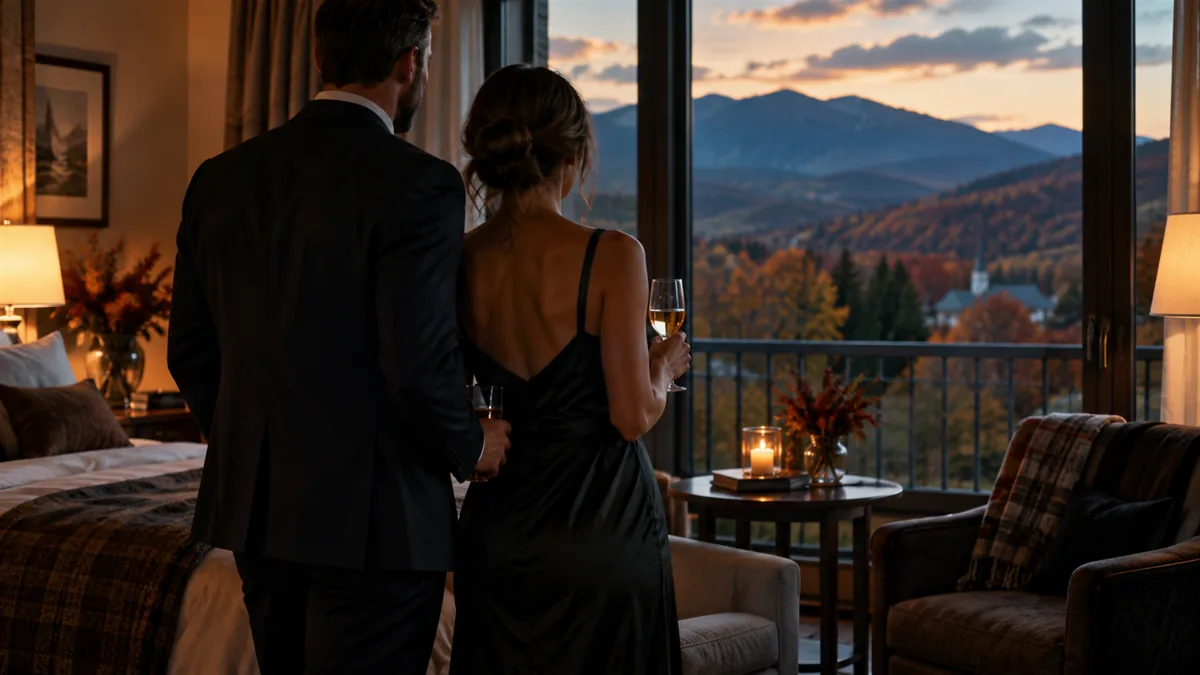 A well-dressed adult couple arriving for or relaxing before a lifestyle evening, set in a Green Mountains inn with fall foliage