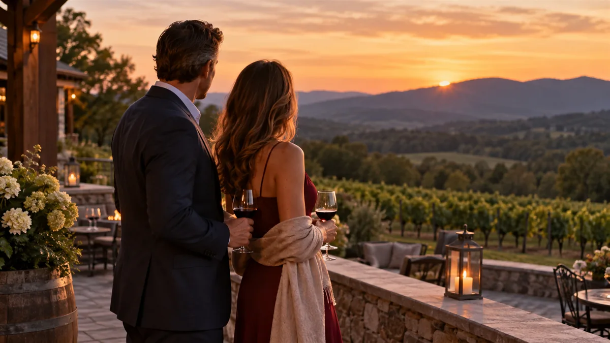 A well-dressed adult couple arriving for or relaxing before a lifestyle evening, set in a Blue Ridge vineyard terrace at dusk