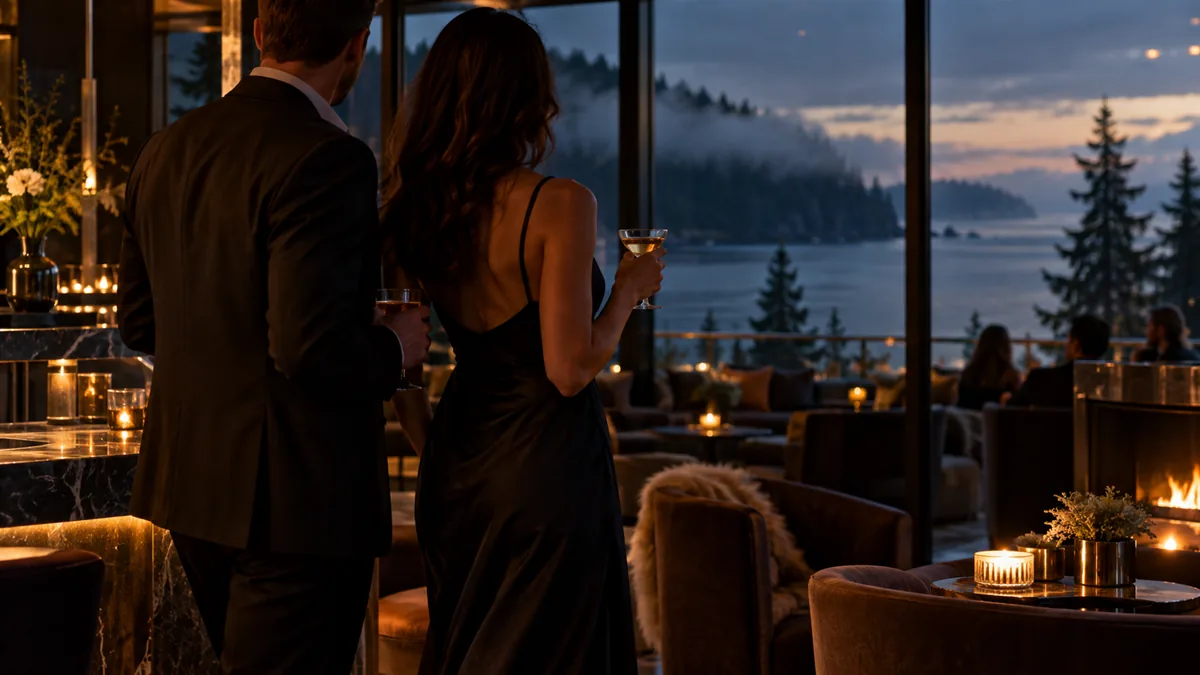A well-dressed adult couple arriving for or relaxing before a lifestyle evening, set in a Puget Sound waterfront with evergreens and evening mist