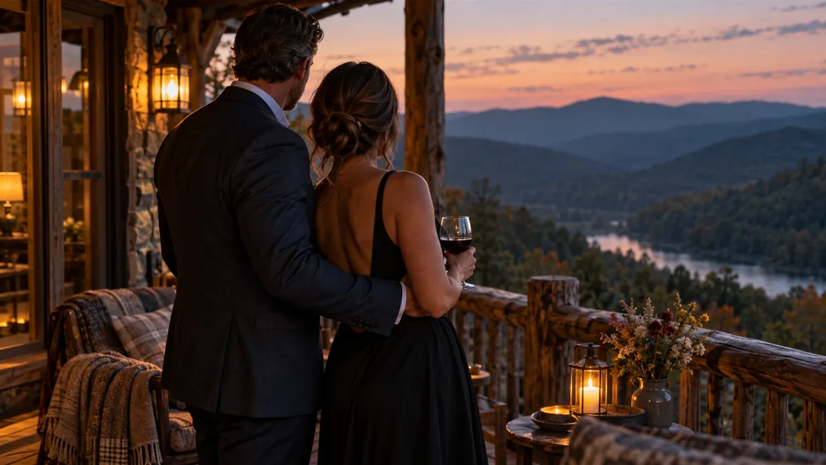 A well-dressed adult couple arriving for or relaxing before a lifestyle evening, set in an Appalachian mountain cabin porch at dusk