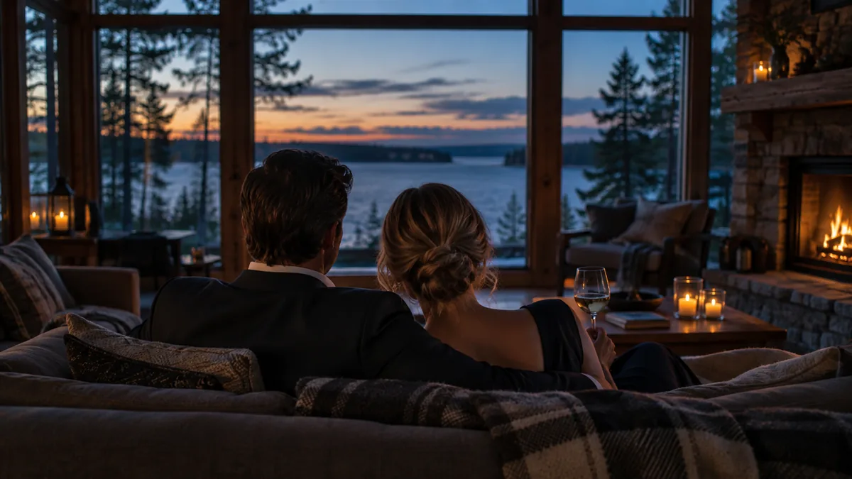 A well-dressed adult couple arriving for or relaxing before a lifestyle evening, set in a northwoods lake cabin at golden hour