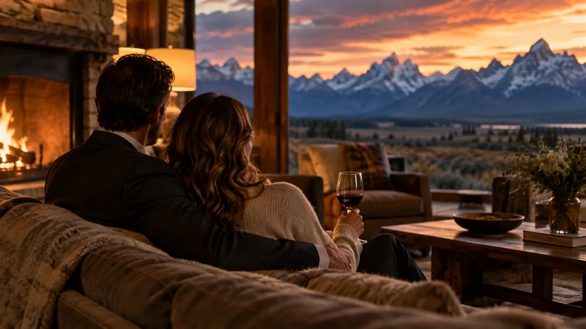 A well-dressed adult couple arriving for or relaxing before a lifestyle evening, set in a Teton-view ranch house with a big evening sky