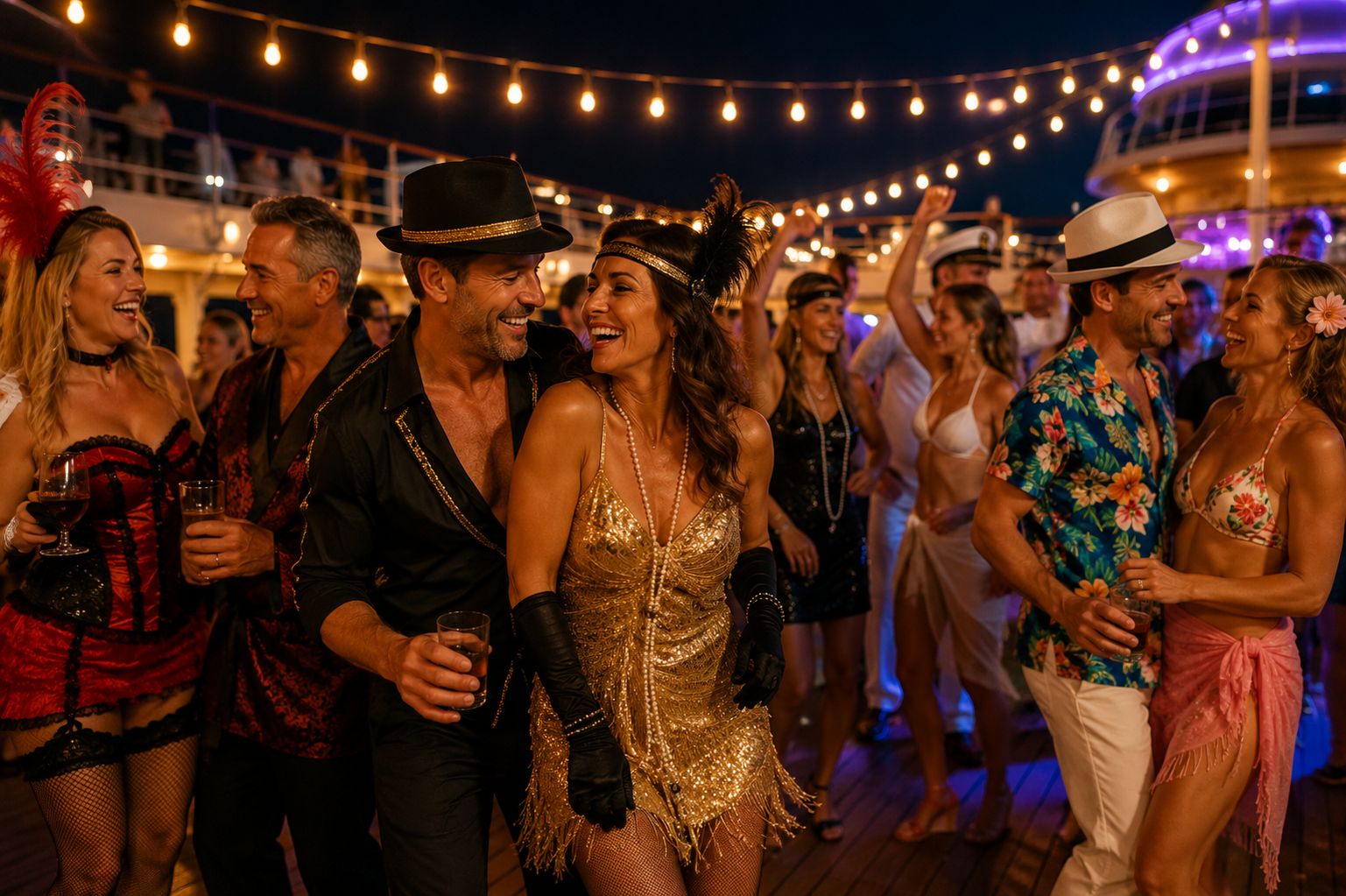 A group of adults in colorful themed party attire on a cruise ship deck at night, laughing and dancing under string lights, conveying the festive energy of lifestyle cruise theme nights.
