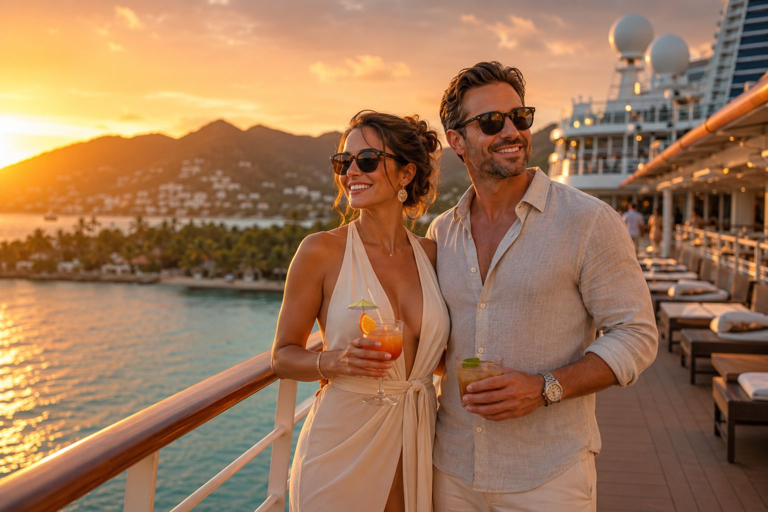 A couple in resort wear stands on a cruise ship deck at sunset, tropical coastline in the background.