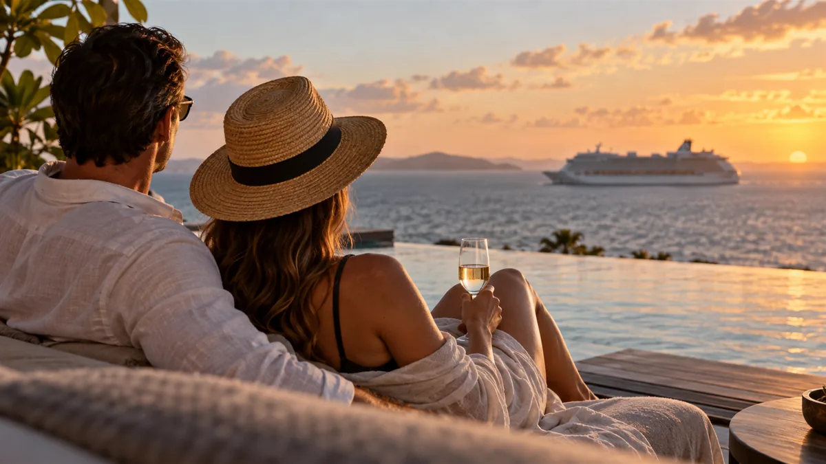 A split-feel scene: an adult couple on a resort pool deck looking out toward a cruise ship passing on the horizon, sunset, cover-ups and swimwear, deciding mood