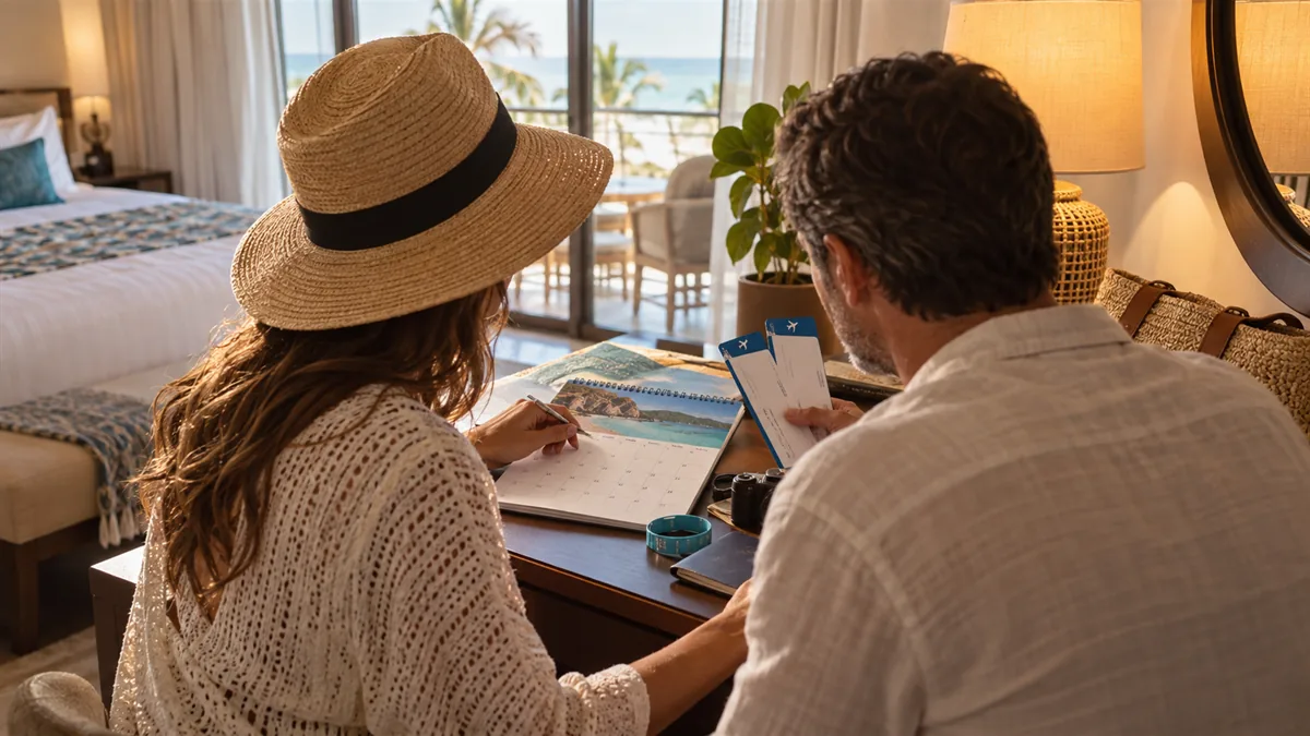 An adult couple at a hotel-room desk planning a trip with a paper calendar, boarding passes and a lifestyle wristband, no readable text, warm lamp light