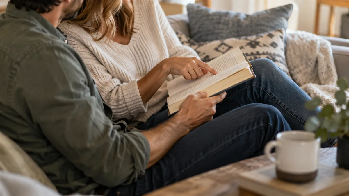 An adult couple on a couch reading together from one book, one partner pointing at a line, warm and curious, no readable text