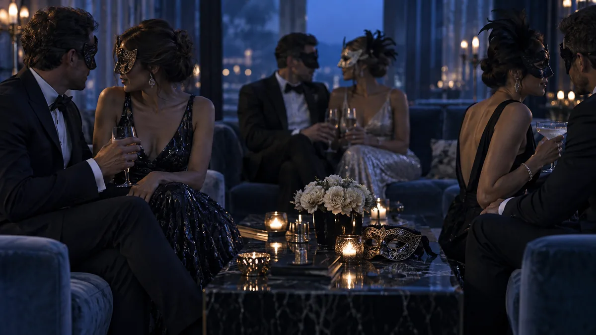 Three adult couples in masquerade masks and formal wear gather in a low-lit lounge, masks and hands in focus