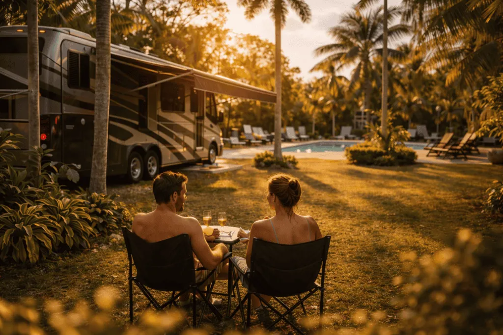 A man and woman sit in camping chairs beside an RV, dining outdoors at sunset with a pool and palm trees in the background-capturing the relaxed vibe found at top Florida Swinger RV Resorts featured in the 2026 Guide.
