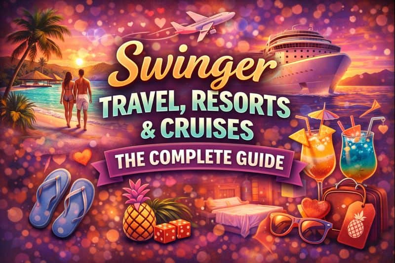 A colorful image featuring a couple on a beach, a cruise ship, cocktails, luggage.