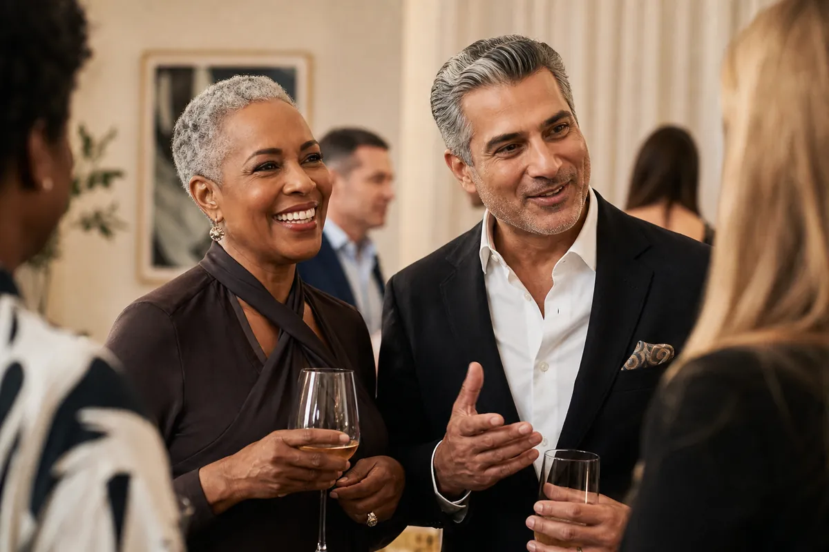 Mature couple smiling warmly together at a social event, representing confident and experienced lifestyle participants
