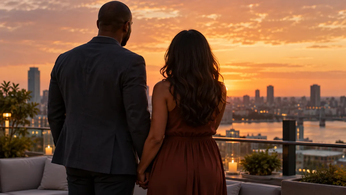 An adult interracial couple stands close on a rooftop at sunset, fingers intertwined, looking out over the city