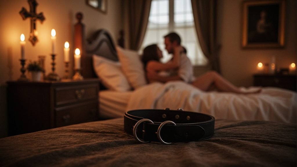 A sensual photograph of an elegant bedroom with warm candlelight, a St. Andrew's Cross in the corner, black leather collar with silver O-ring displayed on velvet, and a mature couple embracing in the background with soft focus.