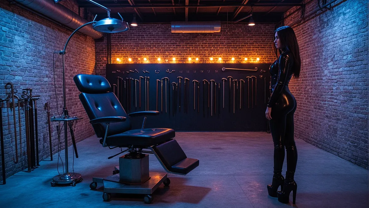 A dramatic photograph of an industrial warehouse interior converted into a luxury dungeon, featuring a throne-like medical chair, a wall of polished implements, moody blue and red lighting, concrete floors, and a woman in a black latex catsuit with platform boots standing dominantly over a kneeling figure.
